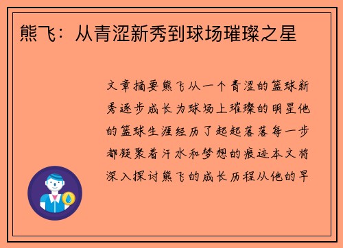 熊飞：从青涩新秀到球场璀璨之星